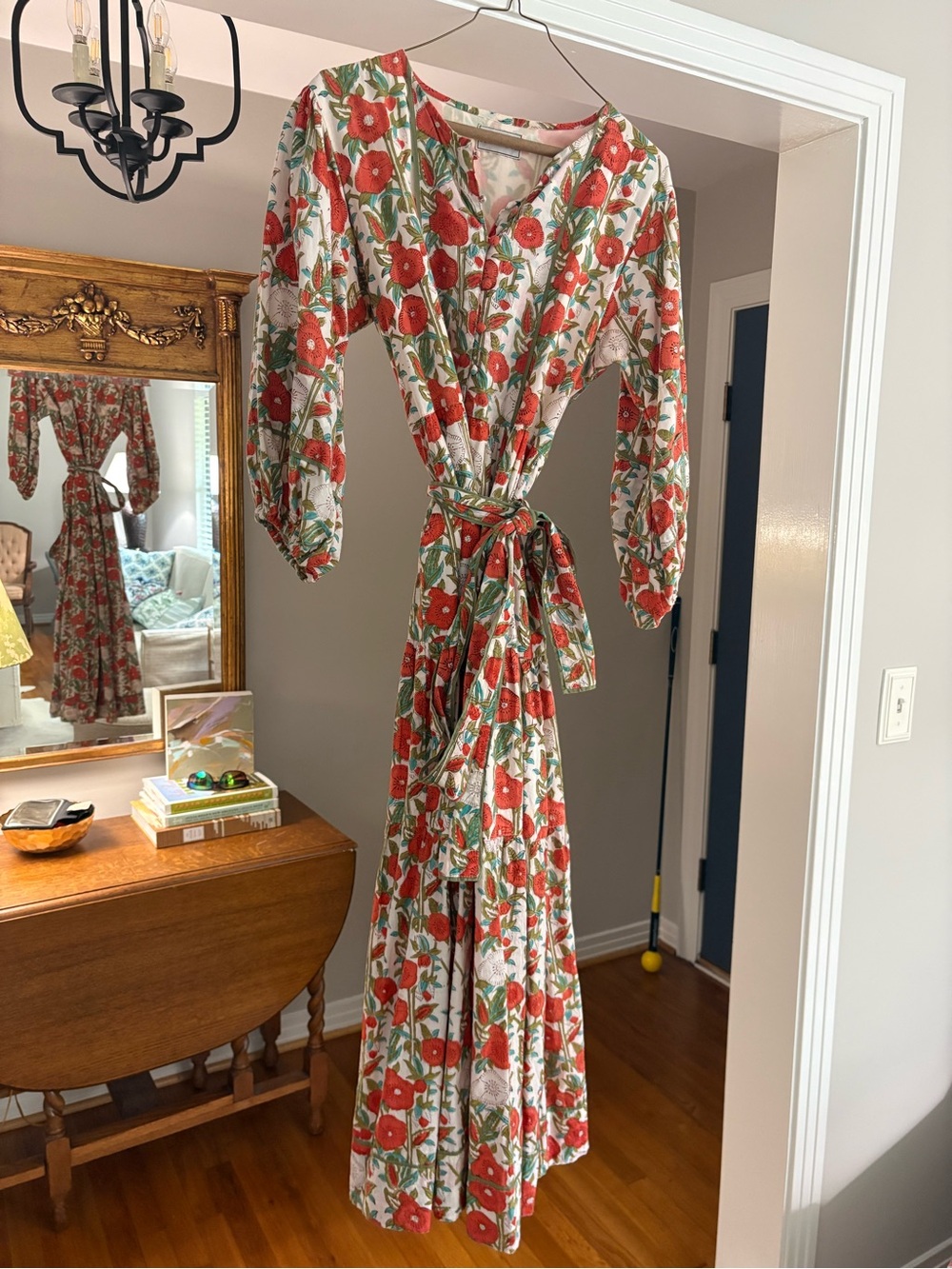 Sue sartor Floral Wrap Maxi Dress in Red and Green